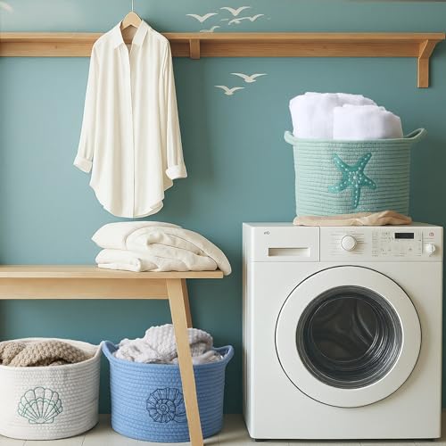 Vesici 3 Pcs Coastal Seashell Starfish Woven Baskets Blue White Green Beach Small Cotton Rope Storage Basket 9.7'' x 7.1'' Laundry Organizer with Handles for Toys Clothes Organization Nursery Bedroom