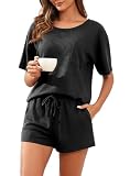 PrinStory Pajamas Set for Women Waffle Knit Lounge Set 2 Piece Outfits Loungewear Sweatsuit with Pockets Black-M