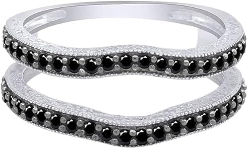 3.00 Ct Round Cut Lab Created Black Diamond Engagement Wedding Guard Wrap Enhancer Ring For Women's 14K White Gold Finish Sterling Silver 925, White, 9.5