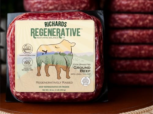 Richards Regenerative Premium Grass-Fed Ground Beef, 85% Lean / 15% Fat – Frozen Family Pack Perfect for Burgers (10-1lb Packages)