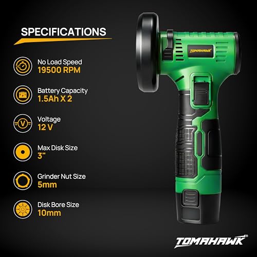 Image of TOMAHAWK CMG-12B Mini Cordless Angle Grinder 75mm / 3 inch- 2 x 1.5 Ah, 12V Powerful DC Motor, 19500 RPM With Abrasive Wheels for Cutting, Grinding & Polishing Metal, Marble & Stone