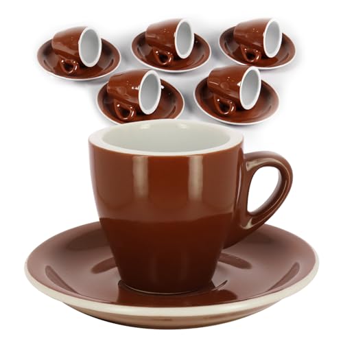 Maury's Set Tazzine da Caffè - con 6 Piattini, Marroni, Liscio, Brillante, 88 cc, Robuste, Espresso, per Uso Quotidiano, Casa, Bar - 6,5H cm