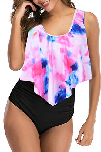 Women High Waisted Bikini Flounce Swimwear Cute Racerback Vintage Plus Size Two Piece Tankini Swimsuits (Dye,XXL