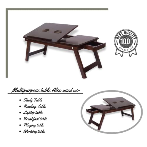 Fabulo Wooden Standard Adjustable Laptop and Study Table/Portable Lap Desk - Multipurpose Bed Table with Folding Legs and Drawer - Walnut Finish - Image 6