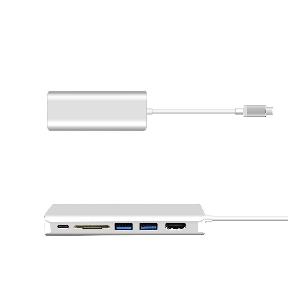 6 in 1 USB C (Thunderbolt 3) a HDMI 4K, due porte USB 3.0, lettore di schede (scheda SD), porta di ricarica USB C e adattatore Gigabit Ethernet in lega di alluminio per MacBook ecc. (argento)