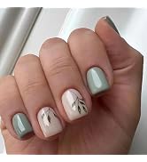 Short Press on Nails Green Leaf Square Fake Nails, Fall Green Nude White Acrylic Nails, Shiny Glo...