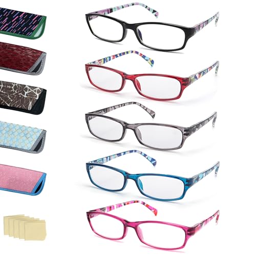 LANLANG Gafas presbicia mujer, Gafas lectura, gafas anti luz azul, filtro azul, gafas de lectura, gafas para leer, Transparente Rojo/Gris/Azul/Negro/Morado-5pcs, +2.0 dioptrías