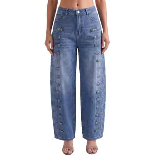 Women Mid Rise Wide Leg Vintage Jeans Military Button Barrel Denim Pants Trendy mid rise wide leg rigid denim jeans with vintage military button details, offering a structured, non-stretch fit.