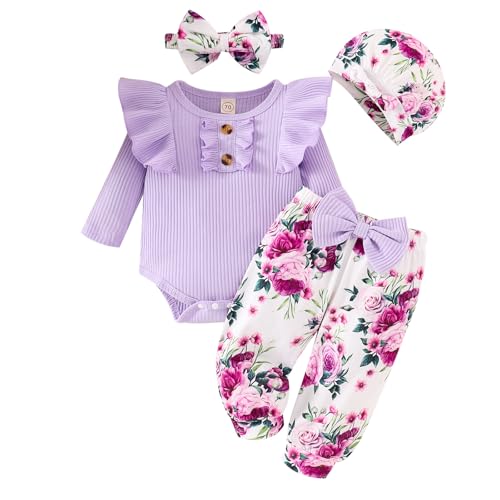 Image of GDTOGRT Baby Girl Clothes Infant Newborn Outfits Romper Pants Cute Bow Headband Hat Sets for Baby Girls (0-3-6-12-18 Months)