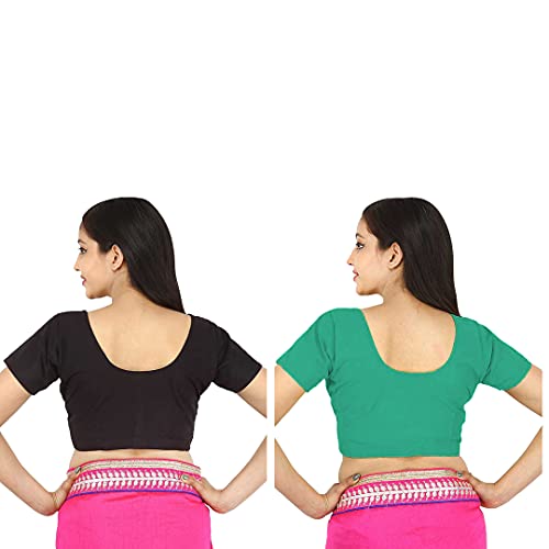 Image of Namita Women's Rubia Cotton Half Sleeve Readymade Regular Fit Blouse (U-Cot-Com-2-Black-Lightgreen-40 Black, Light Green 40)