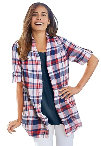 Woman Within Women's Plus Size Short Sleeve Button Down Seersucker Shirt - 3X, Rose Pink Camp Plaid #TOP2