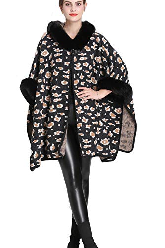 FOLOBE Women Faux Fur Cloak Poncho Cape Black