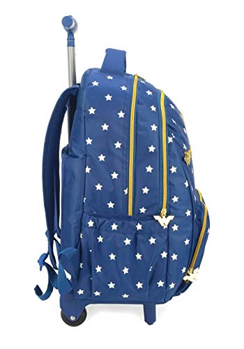 Mochila Rodinhas Mulher Maravilha Mochilete Carrinho Azul