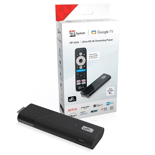 TELE System UP Stick Google TV 4K UHD HDMI,Wi-Fi de doble banda,Dolby Vision/Atmos,Asistente de Google,32 GB,HDR10+,mando a distancia con control por voz 2 en 1, streaming de los canales más populares