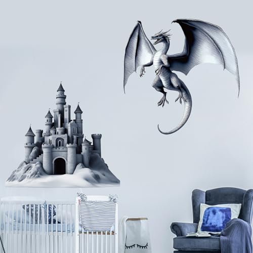 Vinilos decorativos vintage dragón y castillo gris
