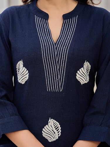 Image of INDO ERA Women's's Pure Cotton Embroidered Kurta Women | Floral Neck & Hem Embroidery | Cotton Kurta Women |