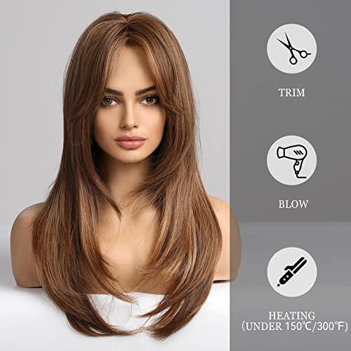 HAIRCUBE Brown Wigs for Women,Long Layered Brown with Blonde Highlight Wigs with Bangs Heat Resistant Synthetic Fibre Wigs(pelucas de cabello natural)