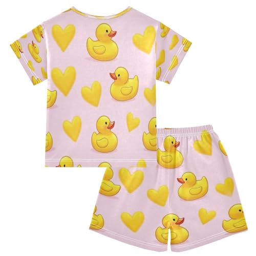 Pajama Sets Short Sleeve Cute Yellow Ducks Hearts Soft Cotton Summer Sleepwear 2 Piece PJS Size 5-14T2