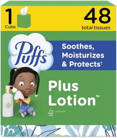 Puffs Facial Tissues Plus Lotion, 1 Cube Box, 48 Facial Tissues per Box, Allergies and Colds (Packaging May Vary)