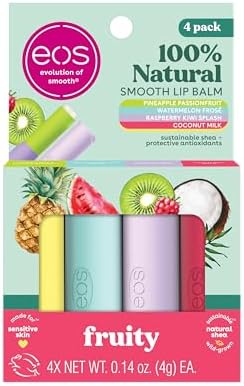 eos 100% Natural Lip Balms- Coconut Milk, Pineapple Passionfruit, Watermelon Frosé & Raspberry Kiwi Splash, All-Day Moisture Lip Care, 0.14 oz, 4-Pack