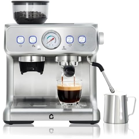 Garvee Stainless Steel Espresso Machine with Grinder & 20 Bar Pressure, 2.8L Removable Water Tank, Milk Frother Steam Wand for Latte/Cappuccino - Adjustable Shot Volume, Professional Home/Office Use Cover