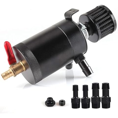 WENJTP Oil Catch Can Kit with 4 Adapters + Breather Filter Drain Valve Plug 2 Ports (1 oulet + 1 inlet) 150ml Universal Aluminum Baffled Oil Reservoir Tank Oil Separator HTRACING (Red) Cover