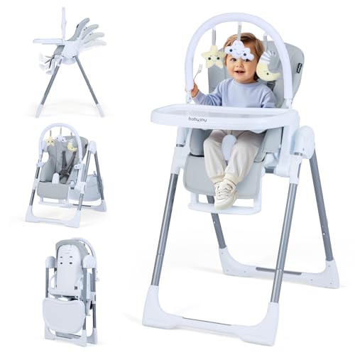 COSTWAY Trona Evolutiva Bebe, Trona Plegable para Bebés, Silla Alta Evolutiva con Altura Ajustable, Respaldo Reclinable, Reposapiés, Arnés de Seguridad, Doble Bandeja, Ruedas (Gris Claro)