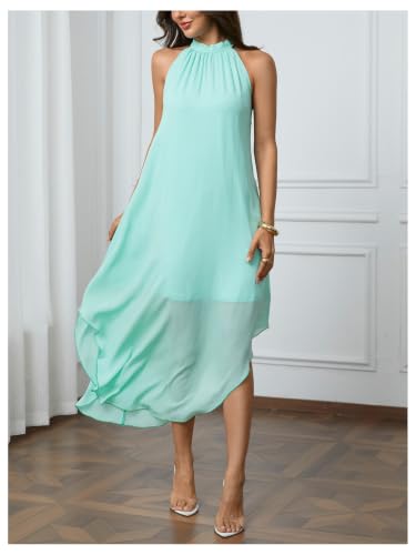 Image of Verdusa Women's Wedding Guest Dress Halter Flowy Chiffon Long Dresses | Cocktail Dress, Asymmetrical Dress for Women, Sleeveless, Prom Dress, Cruise Outfits, Boho