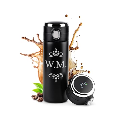Maverton Trinkflasche mit Gravur 400 ml - Thermobecher auslaufsicher 100% dicht - LED-Touch-Anzeige - Thermoskanne aus Edelstahl - Weihnachtsgeschenke - für Männer zum Geburtstag - schwarz - Initialen