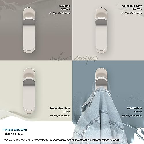 Image of Amerock Unison Single Prong Polished Nickel Wall-Mounted Hook | Decorative wall hook in durable zinc construction for coats, hats, bags, towels, and everyday organization