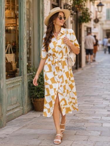Image of BROVAVE Women's 2026 Summer Short Sleeve Work Dresses Tie Waist Button Down Animals Print Midi A-Line Shirt Dress