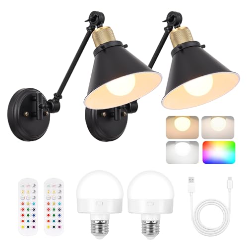 Image of TRLIFE Rechargeable Battery Operated Wall Sconce, Dimmable and Adjustable Color Temperature Wireless Wall Sconces Set of 2 with Remote Control, Swing Arm Wall Mounted Light for Bedroom Bedside Hallway