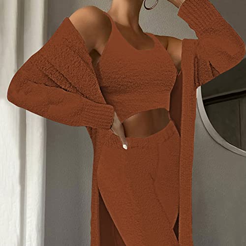 Image of Fixmatti Women's Fuzzy 3 Piece Sweatsuit Open Front Cardigan Crop Tank Tops Wide Legs Pants Lounge Sets
