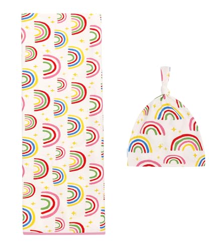 Image of Newborn Swaddle Blanket with Hat Set,Unisex Baby Receiving Blanket Nursery Wrap for Girls and Boys, Viscose Made from Bamboo Rainbow One Size