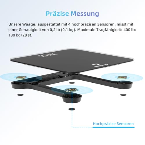 Healthkeep Personenwaage - Digital Körperwaage mit Hochpräzisions-Sensoren Tragkraft bis 180 kg, Digitalwaage mit Klare LED-Anzeig, Waage Personen aus Kompakt Siche rheitsglas 26 * 26cm-Schwarz