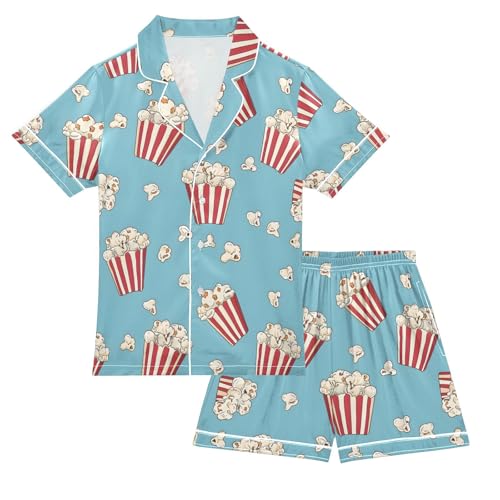 ALAZA Popcorn Striped Blue Satin Pajamas Set Short Sleeve Button Down Sleepwear Summer Pjs 2 Piece