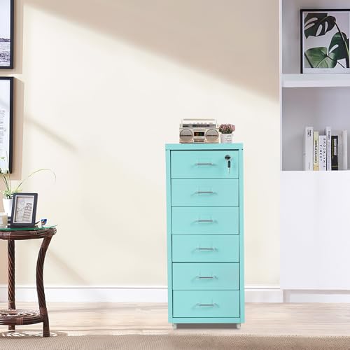 6 Drawer File Cabinet - Steel Metal Vertical File Cabinet with Lock, Moveable Filing for Home Office, Stores Letter, Legal, A4, F4, Jewelry & Crafts (Blue)