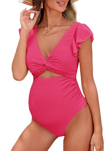 FEOYA Tummy Control Maternity Cutout Swimsuit One Piece High Waisted Ruffle Cutout Tie Back Pregnancy Swimwear Pink