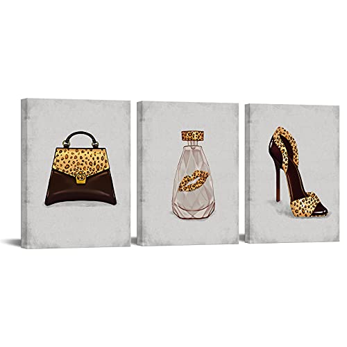 Fushvre 3 Pieces Fashion Canvas Wall Art High Heel Perfume Handbags Decor Set For Woman Glam Trendy Leopard Prints Artwork For Home Bedroom Cloth Shop Framed Ready To Hang #TOP15