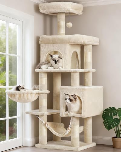 Heybly Kratzbaum 145 cm Hoher Mehrstöckiger Kratzstamm-Kletterturm Mit 2 Großen Plattformen 2 Großer Katzennestern Katzenkorb Hängematte Ballspielzeug Beige HCT016M