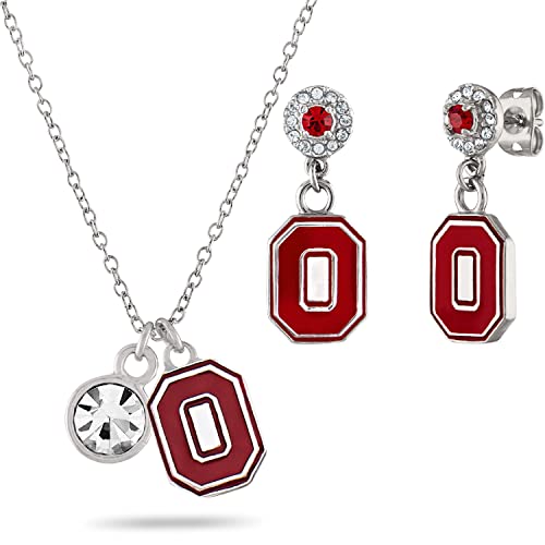 Stone Armory Ohio State Gifts For Women - Matching Block O Crystal Earrings and Charm Necklace Set - Hypoallergenic Stainless Steel Jewelry for Women - Ohio State Buckeye Jewelry and Graduation Gifts