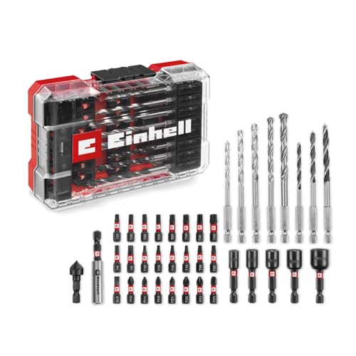 Original Einhell M-CASE Set de 39 accessoires résistants aux chocs (embouts de 25 mm, forets à métaux, forets à bois, forets à pierre, porte-embouts de 60 mm, clé à douille, fraise à chanfreiner)