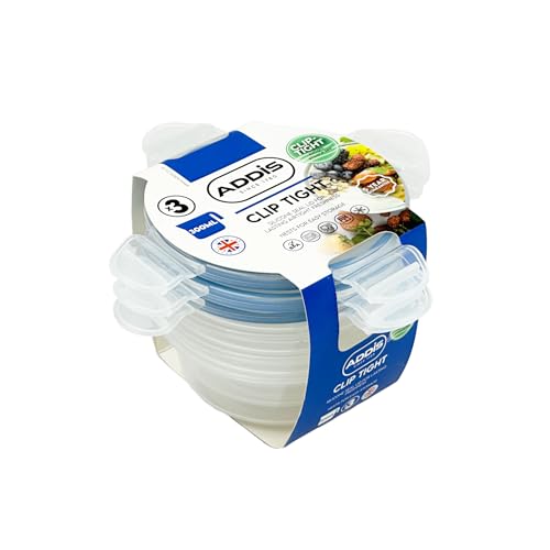 Addis Clip Tight Food Storage Containers 300 ml Round Pack Of 3 Airtight Containers Bpa Free Easy Locking Lid Clips, Clear Transparent