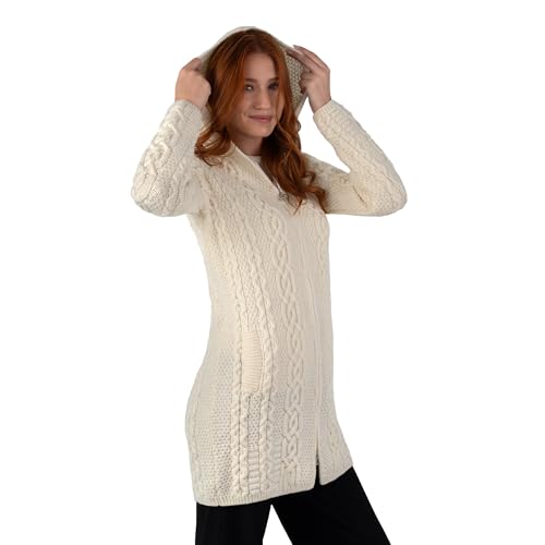 Image of SAOL 100% Merino Wool Aran Irish Cardigan for Women with Pockets, Hood and Celtic Zipper