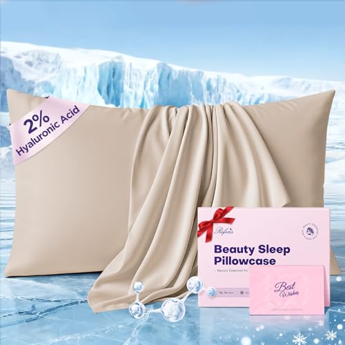 Instant Chill Cooling Pillowcase for Hot Sleepers, 2% HA Infused Pillowcase Hydrates Skin & Hair, Reduces Wrinkles & Frizz, Softer Than Silk Pillow Cases, Pillow Covers Standard (Beige, 1 Pack)