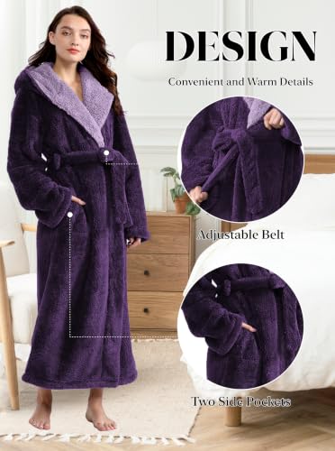 Image of Hellomamma Long Hooded Robe for Women Luxurious Flannel Fleece Full Length Bathrobe Winter Warm Pajamas Shower Nightgown