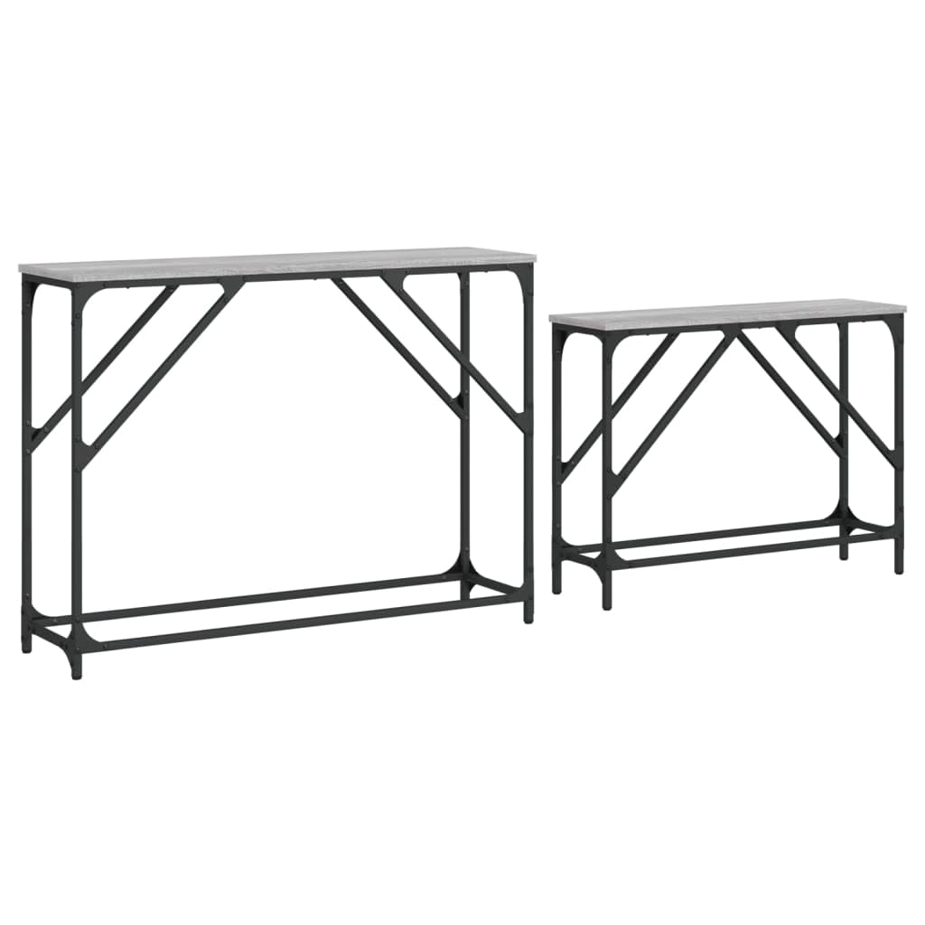 Stoły konsolowe, zestaw 2 sztuk, szary materiał drewnopochodny Sonoma, metalowa rama, szerokość 100/80 cm, stoliki pomocnicze do salonu, korytarza, przedpokoju, zajmują mało miejsca