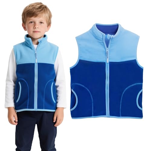 Boys Fleece Vest – Lightweight Sleeveless Jacket with Zipper, Soft Color-Block Kids Outerwear for Fall Winter Layering