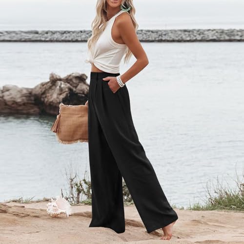 Linen Wide Leg Dress Pants Women Business Casual Elastic Waist Comfy Work Pants Lightweight Vacation Beach Trousers2