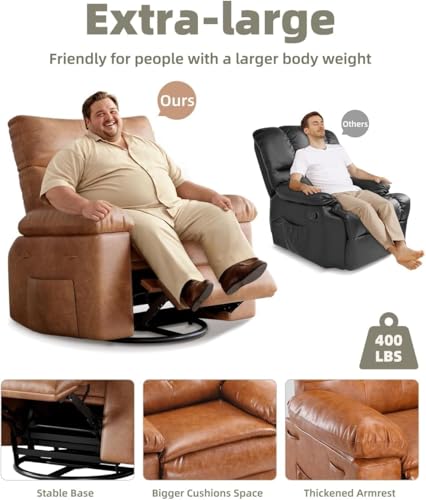 Image of Oversized 360 Swivel Rocking Recliner Chair with Massage & Heat, Ergonomic Lazy Chair with Remote Control for Living Room, Bedroom & Nursery, Vintage